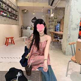撞色格子系带吊带背心女夏季2025新款韩系宽松休闲减龄百搭上衣潮