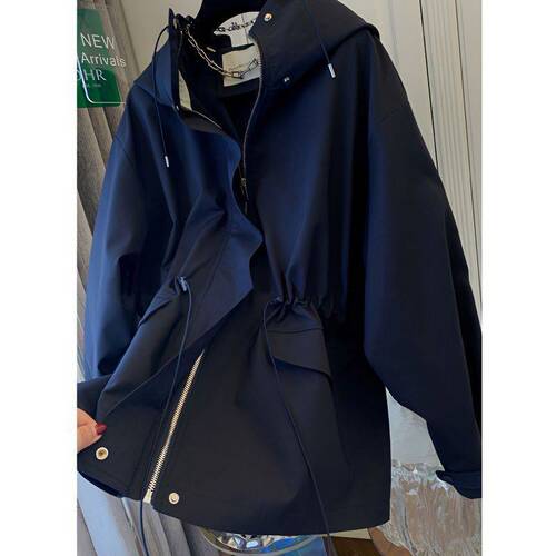 Women's Autumn Workwear Trench Coat: Meadville Style Drawstring Top, Short Fit, Defined Waistline, Baseball-Style Jacket