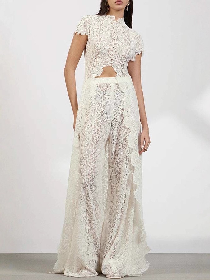 Independent Website European American Women's Clothing Lace Solid Color Dress With Hollow Out Round Neck,_ecoleips.com