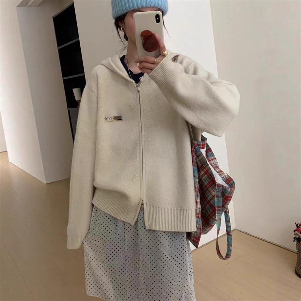 慵懒风休闲连帽拉链外搭毛衣外套女2025秋冬新款纯色加厚针织开衫