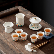羊脂玉瓷功夫茶具套裝鶴瑞呈祥蓋碗茶杯商務禮品高檔茶具可定LOGO