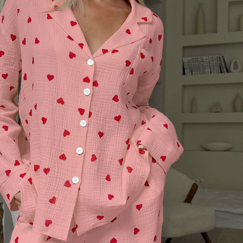 Otoño nuevo amor impreso cómodo pantalones de manga larga pijamas de dos piezas conjunto transfronterizo al por mayor de las mujeres ropa de casa exclusiva