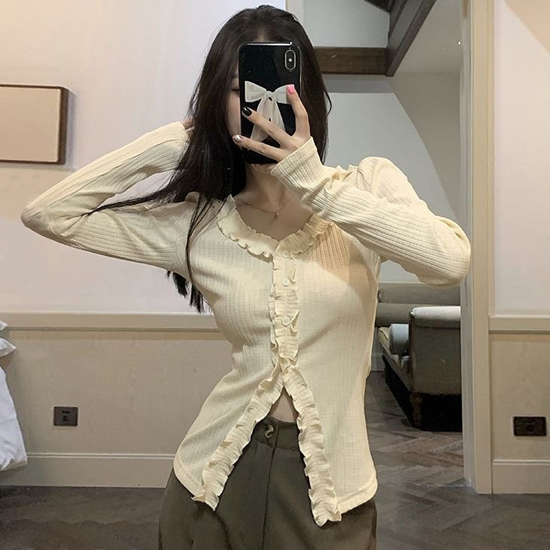 French Sweet and Spicy Pure Desire Style Lotus Leaf Llace Collar Base Shirt Women's Early Autumn Western Style All-match Long-sleeve Inner T-shirt Top