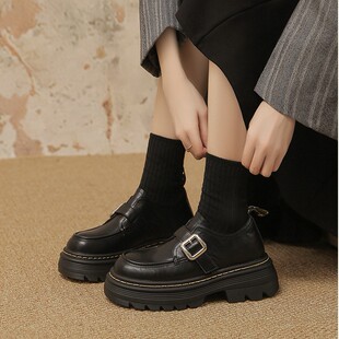 2024 New Autumn and Winter Leather Thick Bottom Loafers Women's New One Word Buckle Retro Small Leather Shoes Academy Style Single-layer Shoes