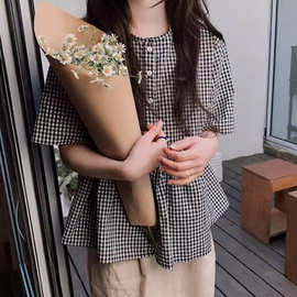 2024韩版夏季新款开衫格子短袖衬衫女棉质圆领休闲收腰款式娃娃衫
