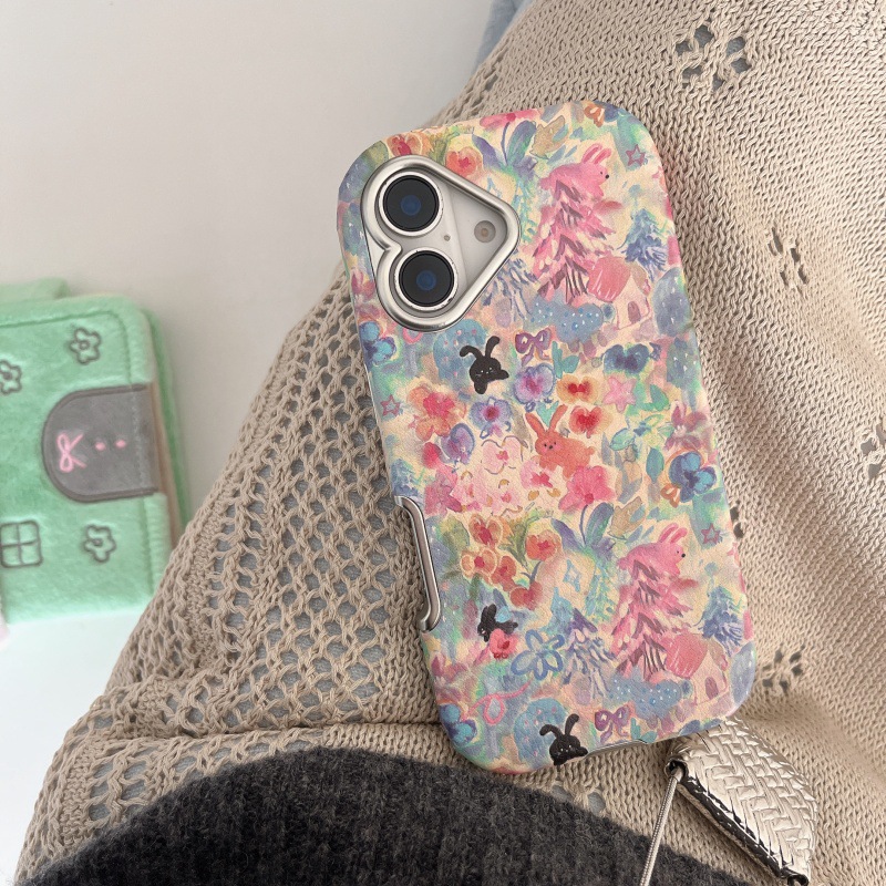 Estilo pastoral pintura al óleo flores de colores conejo para iphone15/16 funda para teléfono móvil 16Pro chica 14PM dibujos animados