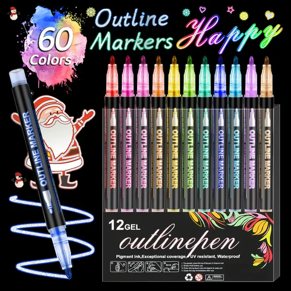 Dreamy Metallic Dual Line Outline Pen 60-Color Set Glitter Pen Metallic Color Marker Pen Journal Fluorescent Marker Pen