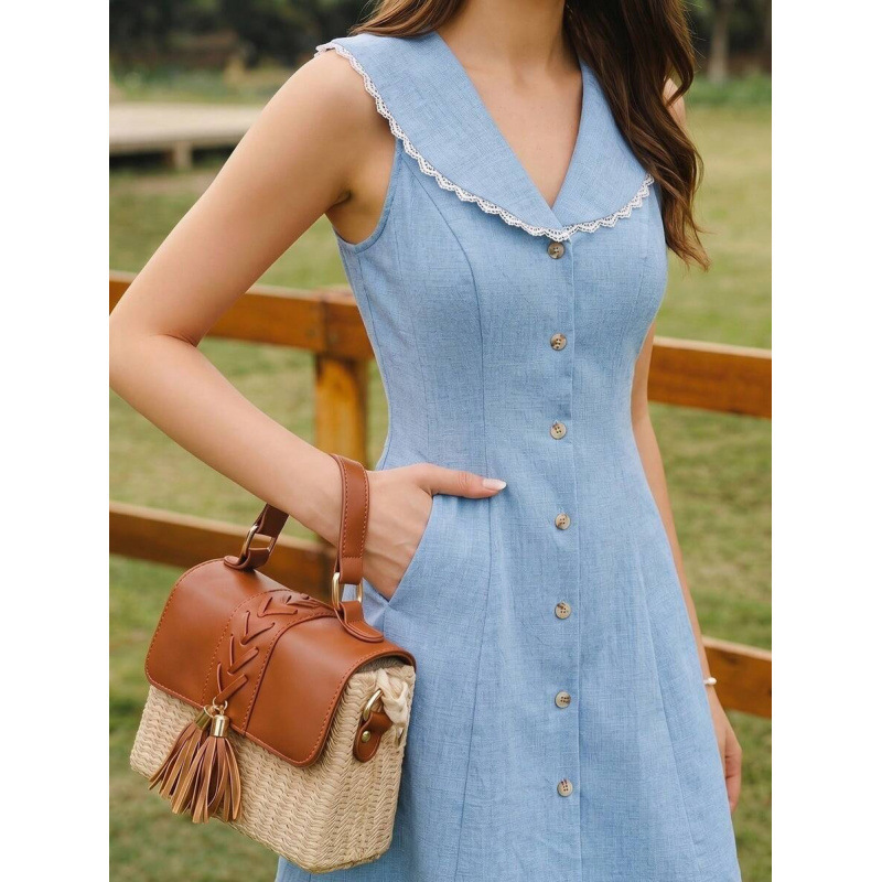 Amazon Cross-Border European Goods Summer Retro Navy Style Elegant Lace-Trimmed Pocketed Lapel Dress for Women Amazon Cross-Border European Goods Summer Retro Navy Style Elegant Lace-Trimmed Pocketed Lapel Dress for Women
