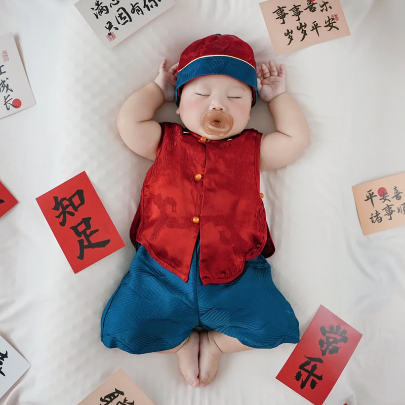 2025 中国風子供服ベビーサマースーツ満月百日一歳漢服唐スーツベビー薄手の服|undefined