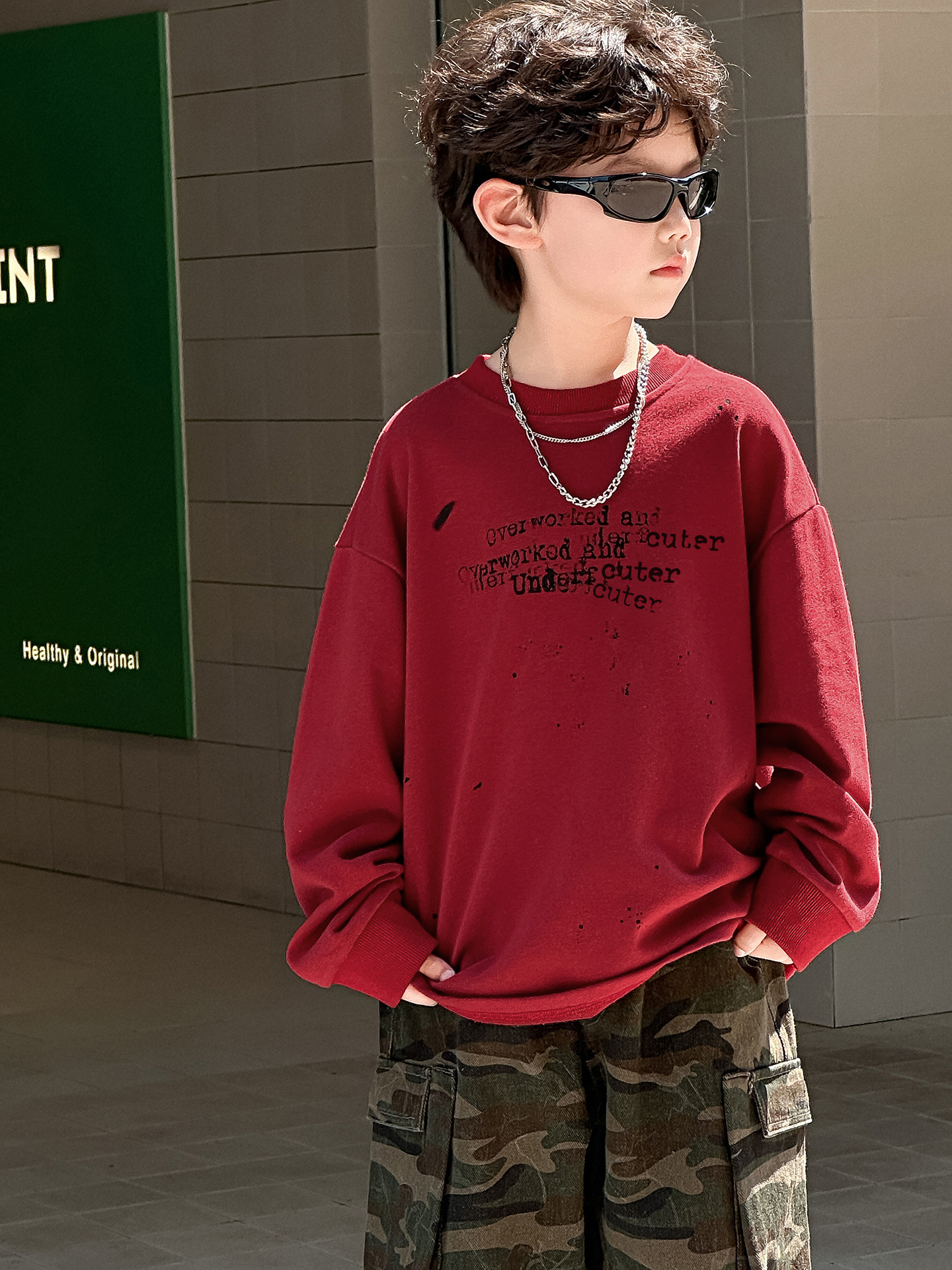 Autumn children's sports sweatshirt for boys with a round collar