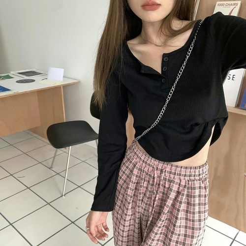 Spring Autumn New Hemline Irregular Base Shirt V-Neck Fitted Long Sleeve Top Atmosphere Small Figure Short T-Shirt Women