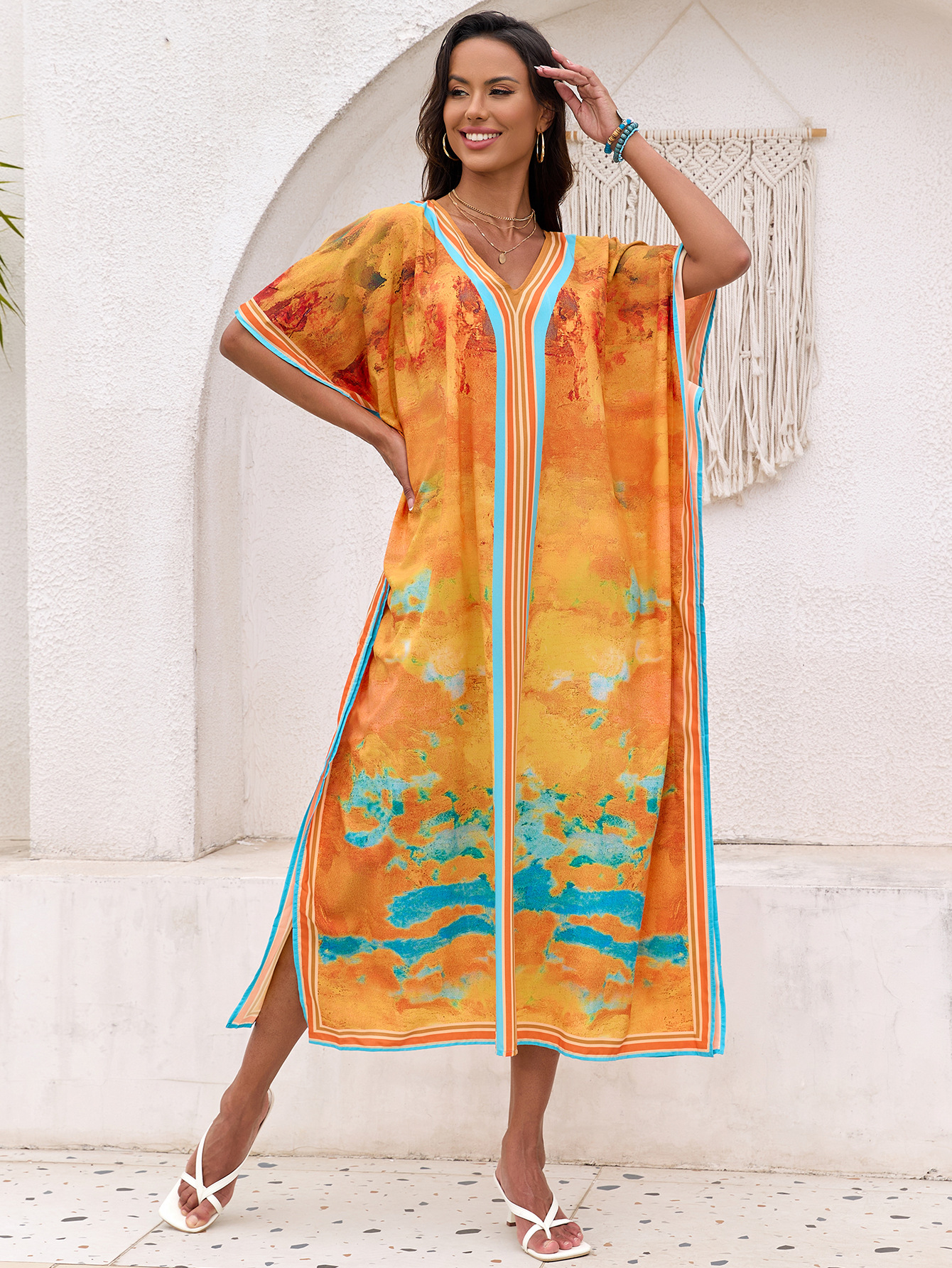 Nuevo vestido de tamaño grande europeo y americano de playa camiseta de vacaciones camiseta protector solar camiseta de baño camiseta 1D241