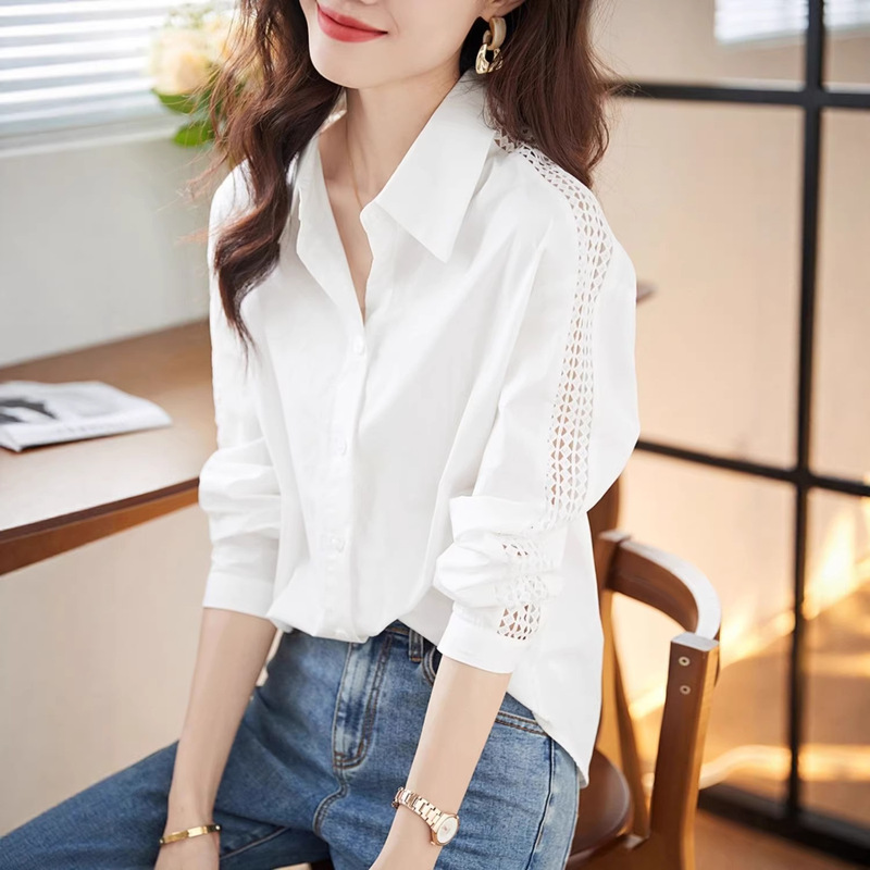 Korean High-End Simple Elegant Shirt Spring & Fall Sleeves Cut Out Texture Commuter Women's Shirt Shirt Outer Wear
