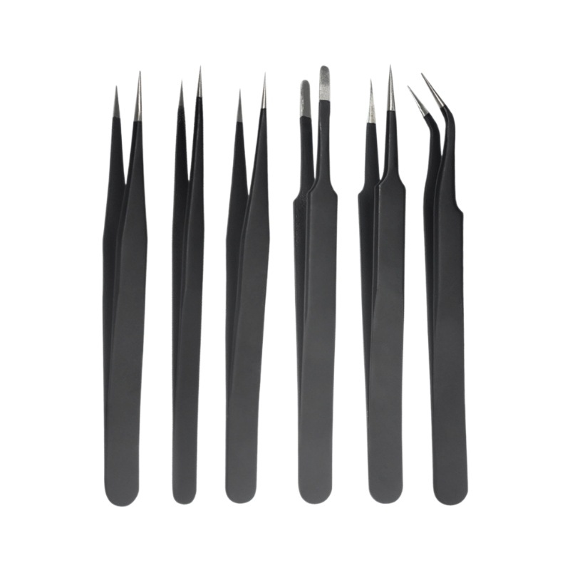 Venta directa al por mayor negro pinzas codo plano de acero inoxidable bolsa independiente reparación electrónica y desmontaje pinzas pinza pelo image 6