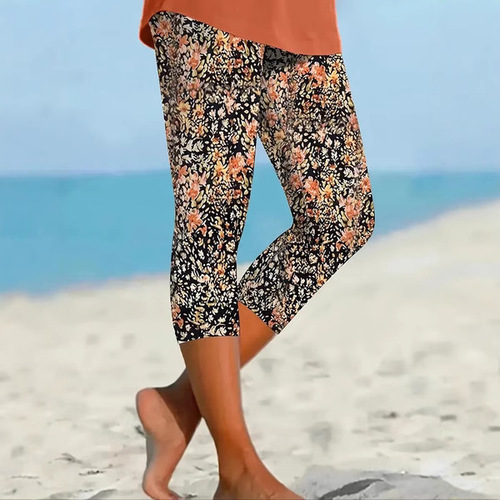 Independent station Western and European summer 3D printed seaside series seven-inch leggings