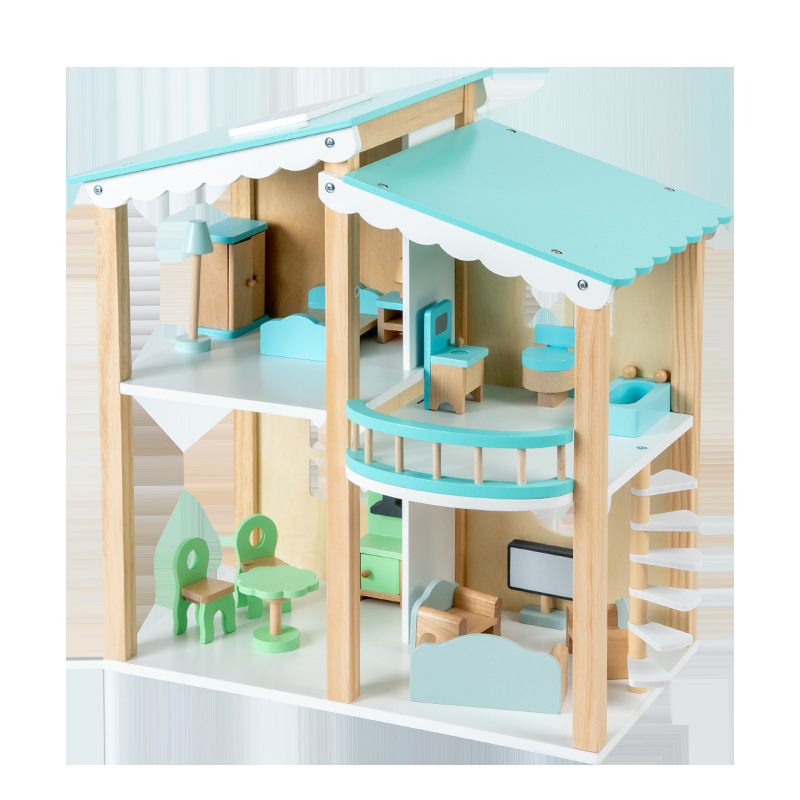 Casa de muñecas azul de madera para niños, casa de juegos, simulación de bebé, escena de bricolaje, villa ensamblada, mini muebles, juguetes