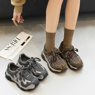 欧货女鞋2026秋新款豹纹系带复古厚底增高百搭日常休闲运动老爹鞋