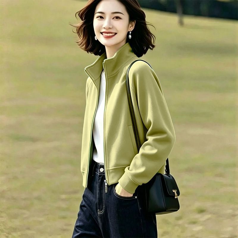 Pure cotton stand-up collar cardigan sweatshirt jacket for women, spring and autumn 2026 new autumn style, short baseball jacket for mothers Pure cotton stand-up collar cardigan sweatshirt jacket for women, spring and autumn 2026 new autumn style, short baseball jacket for mothers