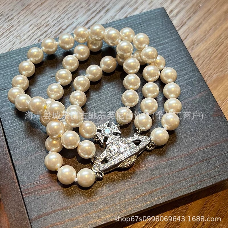 High-End Version of Empress S925 Sterling Silver Three-Layer Classic Saturn Pearl Bracelet for Women with Diamond-Studded Bangle, Matching High-End Feel