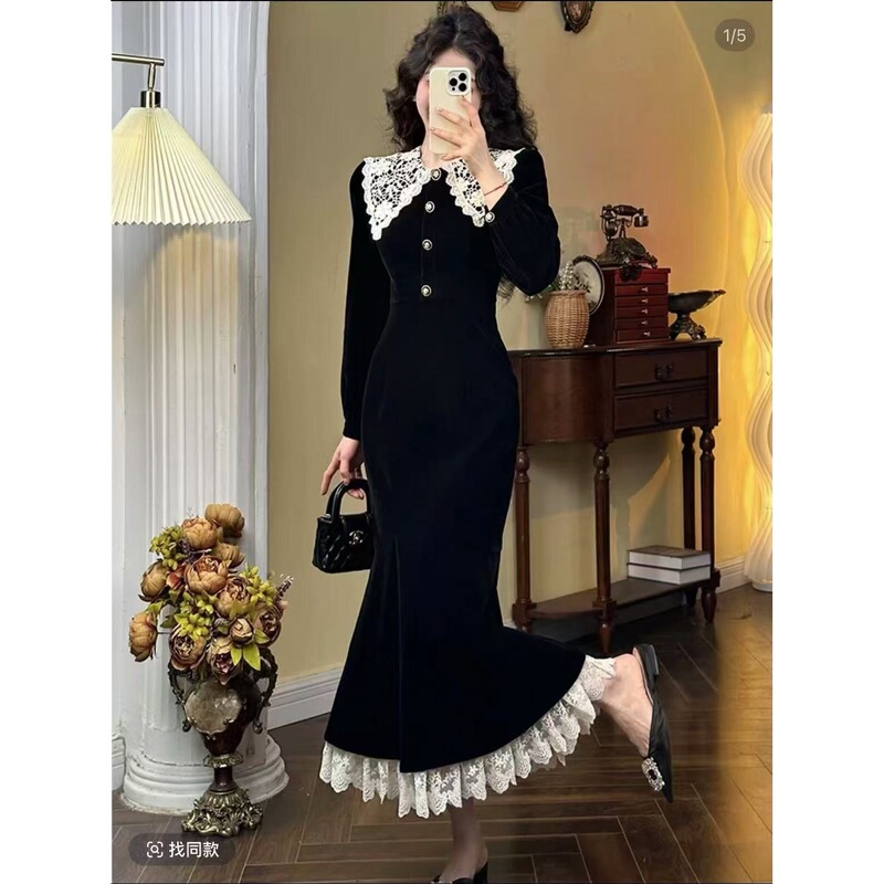 Noble Temperament Mermaid Hepburn Style Black Fishtail Retro Long-Sleeved Slim-Fitting Dress for Women Winter 2026 Spring Collection