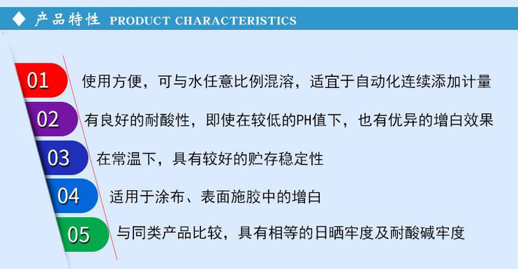 增白剂的作用是把制品吸收的不可见的紫外线辐射转变成紫蓝色的荧光辐射,与原有的黄光辐射互为补色成为白光,提高产品在日光下的白度。增白剂已经广泛应用在纺织、造纸、洗衣粉、肥皂、橡胶、塑料、颜料和油漆等方面。