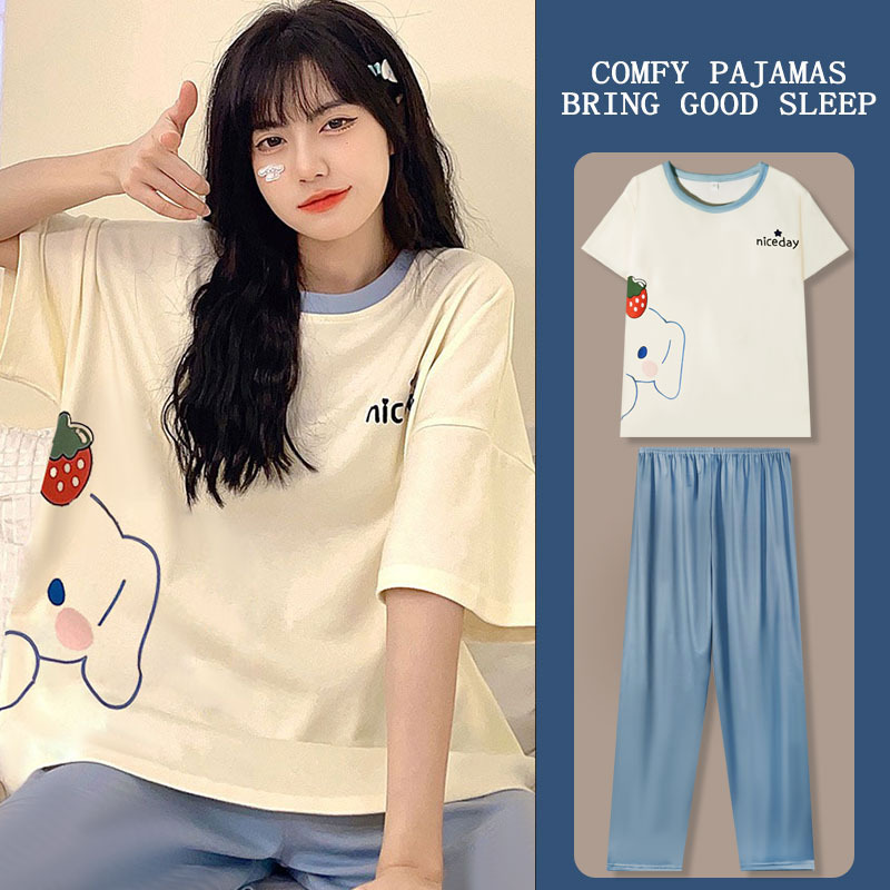 Korean Style Cute Age-Reducing Cinnamon Dog Pajamas for Women Summer Short-Sleeved Tops + Pants Air-Conditioned Room Home Clothes Set