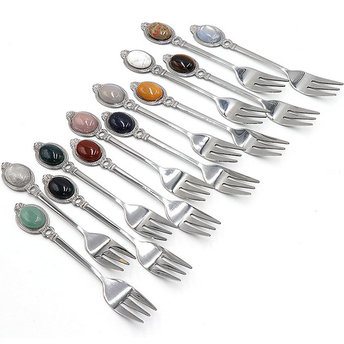 Cross-border new product Crystal Agate Mini Jade Spoons and Forks Tiger Eye Mixing Spoons Creative Gift Live Streaming Wholesale