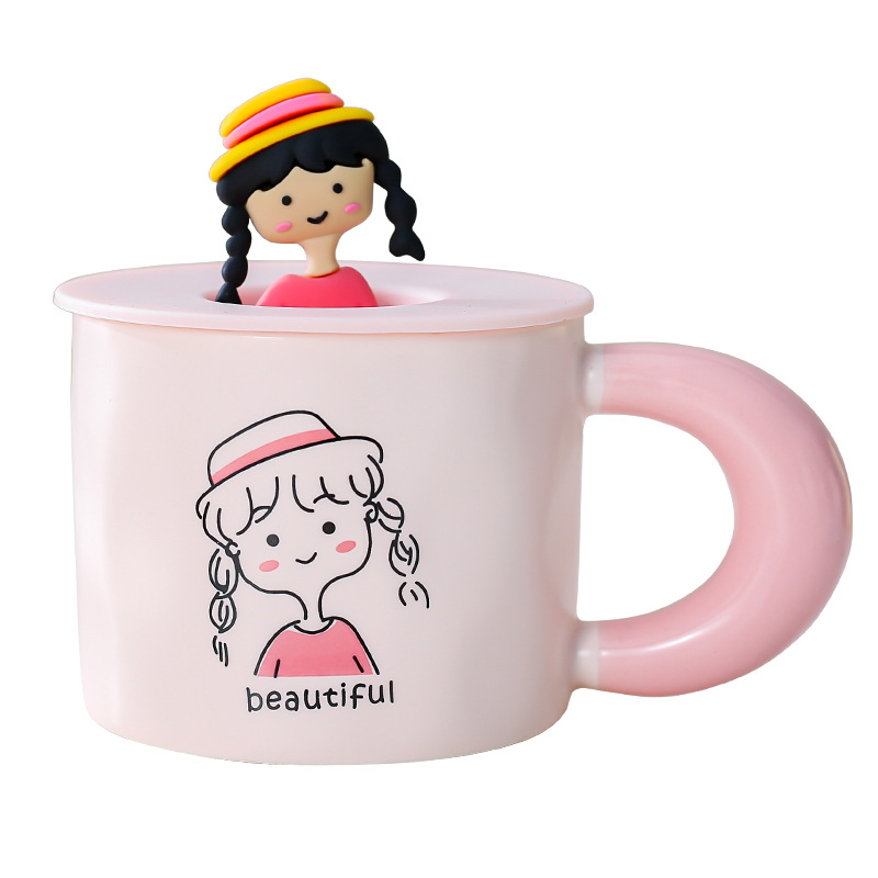 Estilo coreano lindo personaje de dibujos animados taza Rosa niña corazón Taza de cerámica taza de agua con tapa taza de café taza de pareja taza
