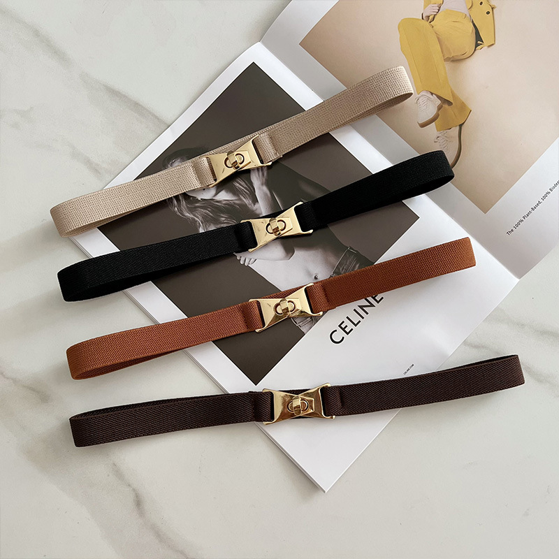 Elástico elástico todo partido Cinturón fino para las mujeres con vestido falda suéter traje chaqueta cintura apretada sello decorativo negro