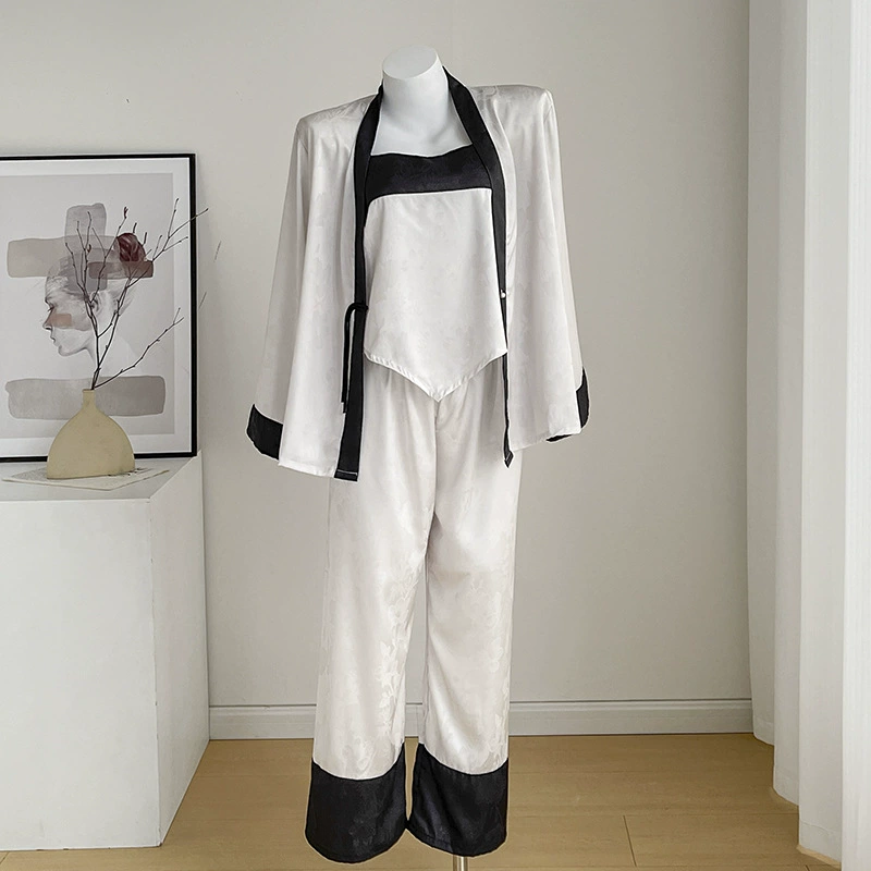 Китайская контрастная трехсекковая национальная пижама женская весна и осень новый длинный рукав ледяной шелк летняя подтяжка можно носить дома