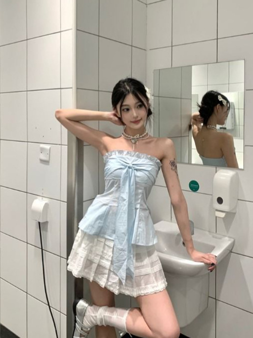 设计感木耳边系带抹胸背心女装夏季小众减龄收腰显瘦无袖纯欲上衣|undefined
