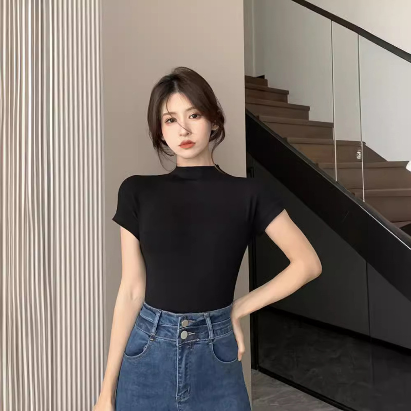 2025年夏向け、純粋な欲望風ハーフタートルネック半袖Tシャツ、女性用、スリムフィット、体型カバー、インナー、学生向けトップス、インスタ映え|undefined