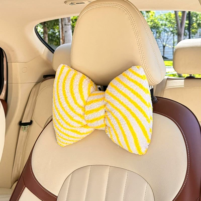 2026 New Car Accessories: Moon Velvet Striped Headrest and Lumbar Support, Yellow Headrest and Lumbar Support (Waist support) - yellow-1-headrest