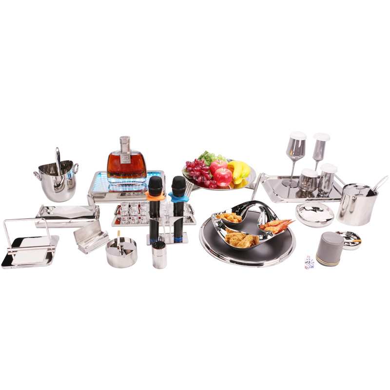 Nuevo diseño de KTV de acero inoxidable fino, barra de bar, juego completo de platos de frutas, decoración de escritorio de lujo ligero especial