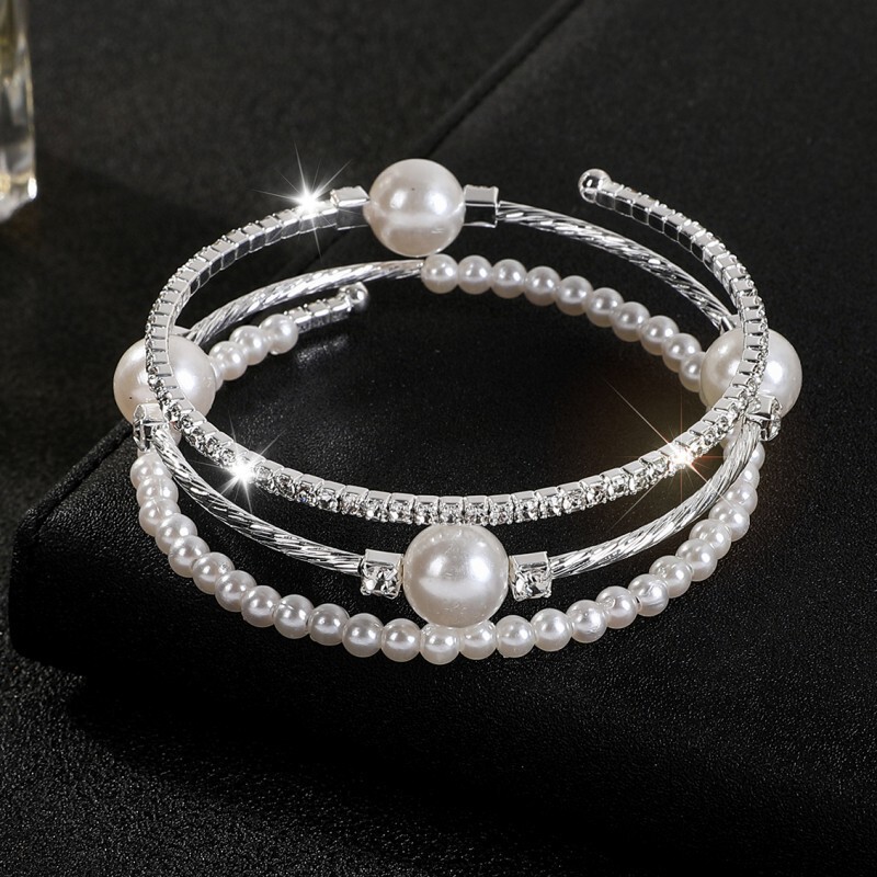 Cross-border Amazon 3-layer Pearl rhinestone bracelet online live broadcast fork winding bracelet bridal open elastic bracelet