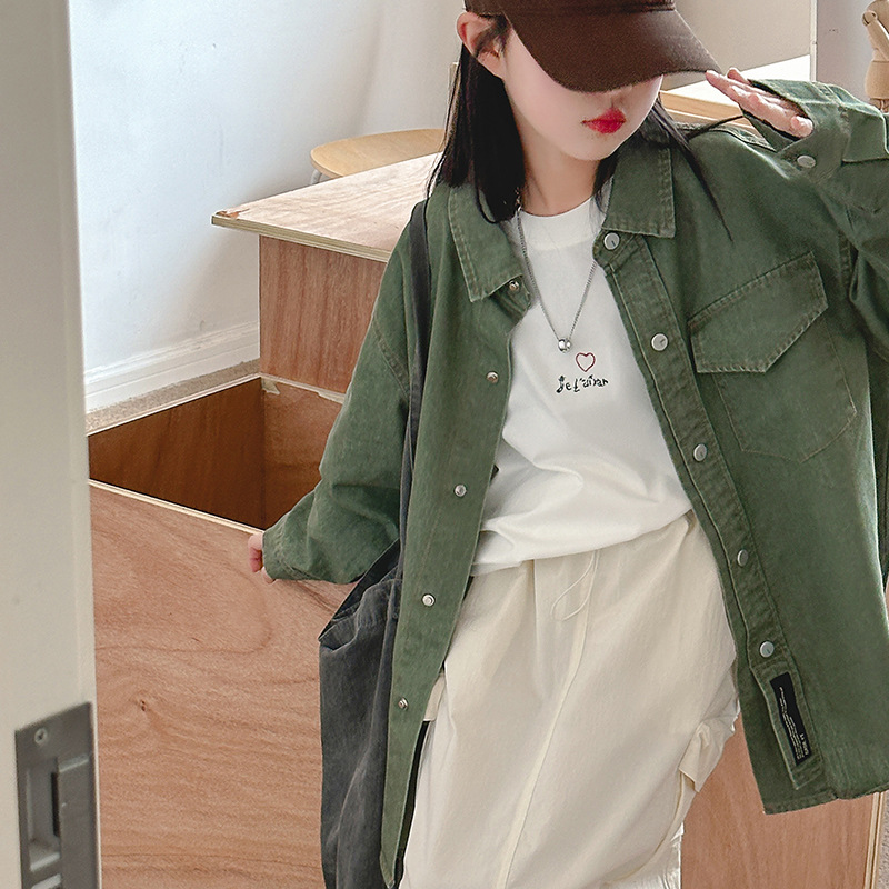 소녀 가을 데님 셔츠 세트 2024 새로운 소녀 유행 세련된 티셔츠 어린이 봄과 가을 치마