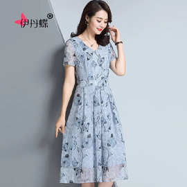中年女装夏季新款连衣裙时尚气质高腰韩版宽松显瘦短袖印花连衣裙