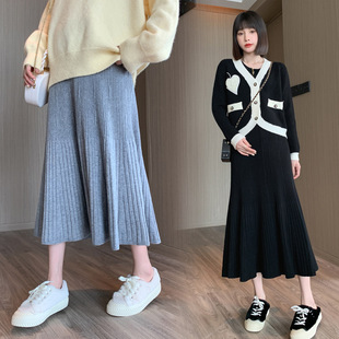 Real shot pregnant women's autumn and winter high waist belly-covering knitted skirt fashionable fashionable outer wear versatile slimming large swing dress