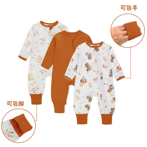 Baby clothes long-sleeved onesie for boys and girls, footed spring and autumn crawling suit set of 3, zipper onesie