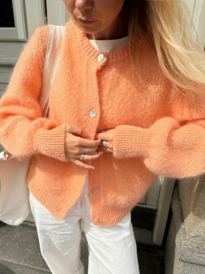 Áo cardigan len dệt kim dáng mỏng nhẹ cài nút một hàng, tay dài cổ tròn nữ — hoa hồng đỏ, màu be, màu cam, màu hoa cà chi tiết 80