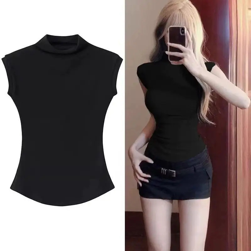 Half-Turtleneck Sleeveless T-Shirt 2026 Summer Women's Slim-Fit Basic Solid Color Sleeveless Tight-Fitting Waist-Cinching Base Shirt Top Ins