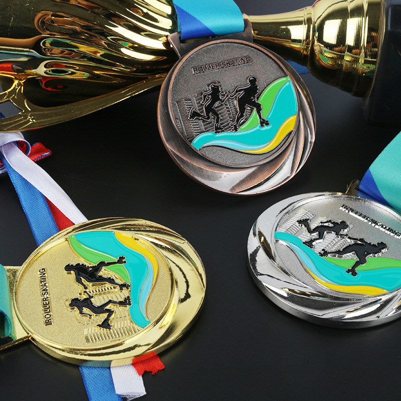 Medalla de metal listado de metal haciendo patinaje sobre ruedas oro y plata cobre juegos honor Gold Foil Medal Memorial