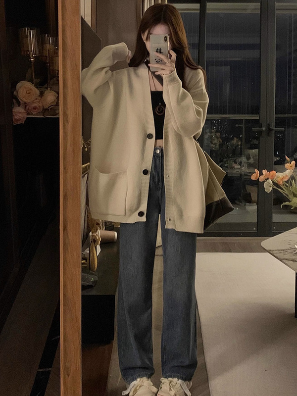 慵懒风毛衣女秋冬2025新款上衣宽松显瘦百搭领针织开衫外套|undefined