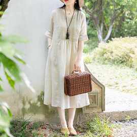 复古设计感风琴褶连衣裙文艺纯色V领清凉显瘦长裙女