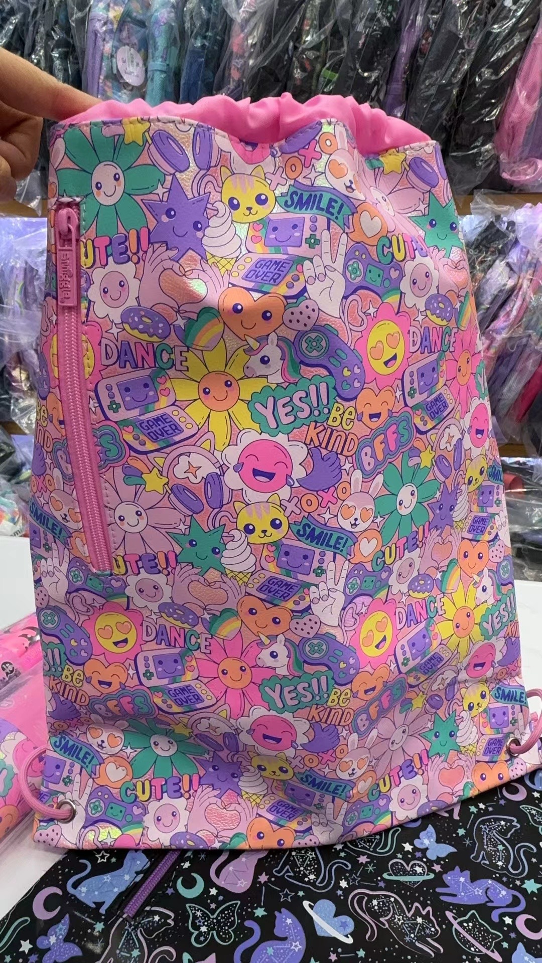 Smiggle serie rosa de sol de hombro mochila de compresión de tirón mochila de doble capa bolsa de comidas taza de agua billetera viaje