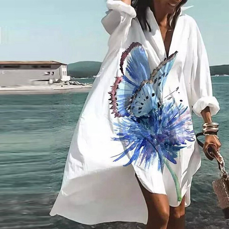 Vestido bohemio estampado para mujer, manga larga, corte holgado