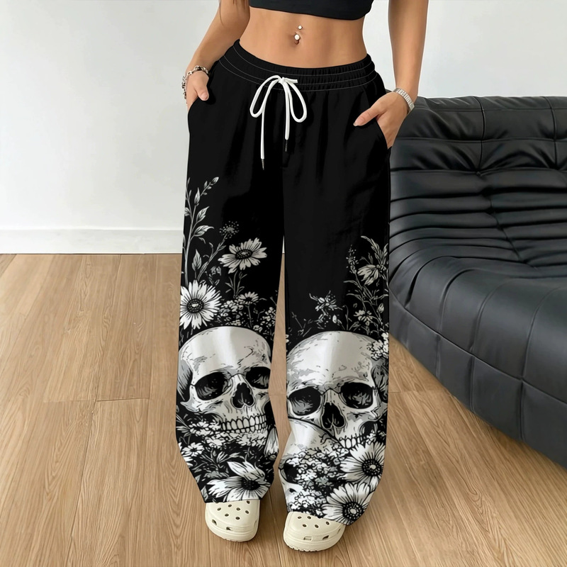 Cross-border European and American street style skull and floral print loose wide-leg casual pants for women, drawstring sports trousers Y2K Cross-border European and American street style skull and floral print loose wide-leg casual pants for women, drawstring sports trousers Y2K