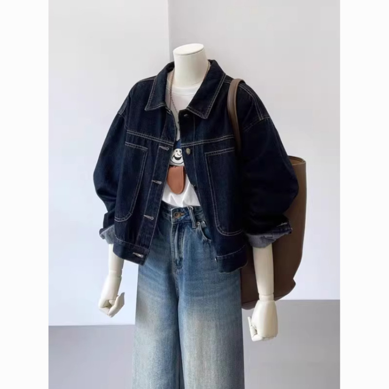 Dark Blue Vintage Workwear Denim Jacket for Women, Spring Casual Pocket Design, Short Style for Petite Figures Dark Blue Vintage Workwear Denim Jacket for Women, Spring Casual Pocket Design, Short Style for Petite Figures