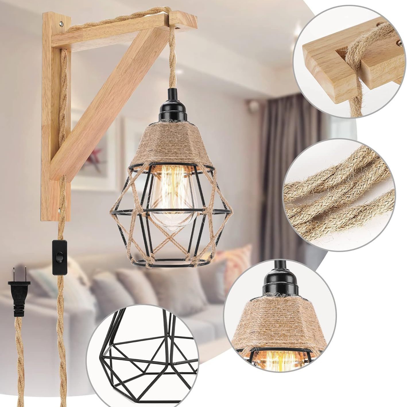 Explosiones transfronterizas dedicadas a lámparas de Zhongshan estilo retro industrial americano de hierro artesanal interruptor de cable de cáñamo enchufe lámpara de pared