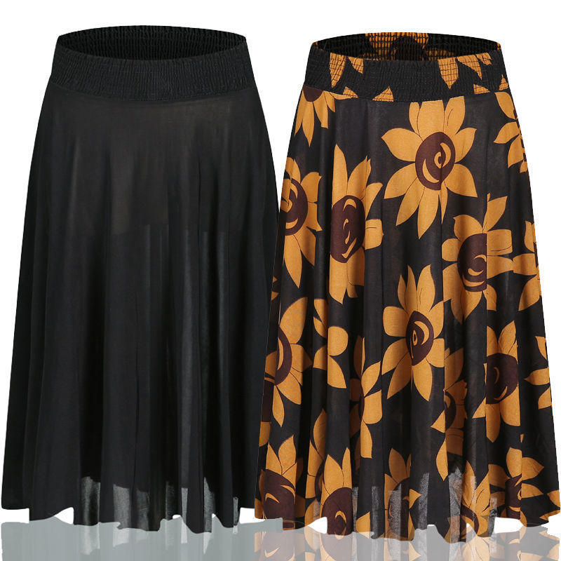 绿色伴侣中老年人半身裙夏季中年女装牛奶丝中裙大码妈妈装松紧腰